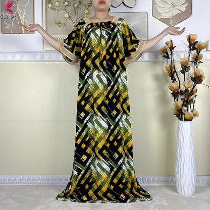 New Muslim Dubai Elegant Dress Summer Short Sleeve African Abaya Printing Cotton Loose Femme Robe Islamic Dresses With Scarf.