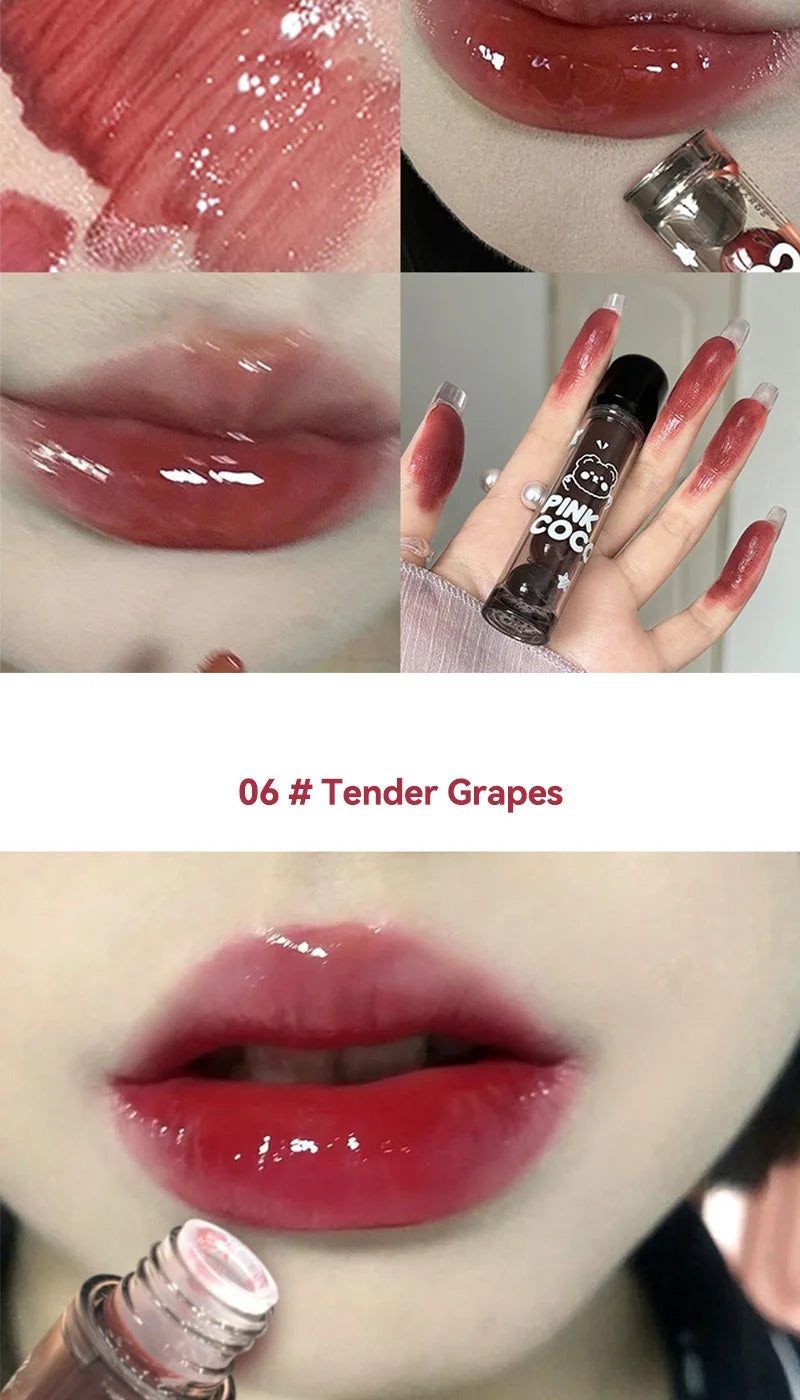 PINKCOCO Bear Doodle Mirror Lip Glaze — Long-Lasting Shiny Lip Gloss, Student-Friendly, Skin-Brightening Nude Lipstick.