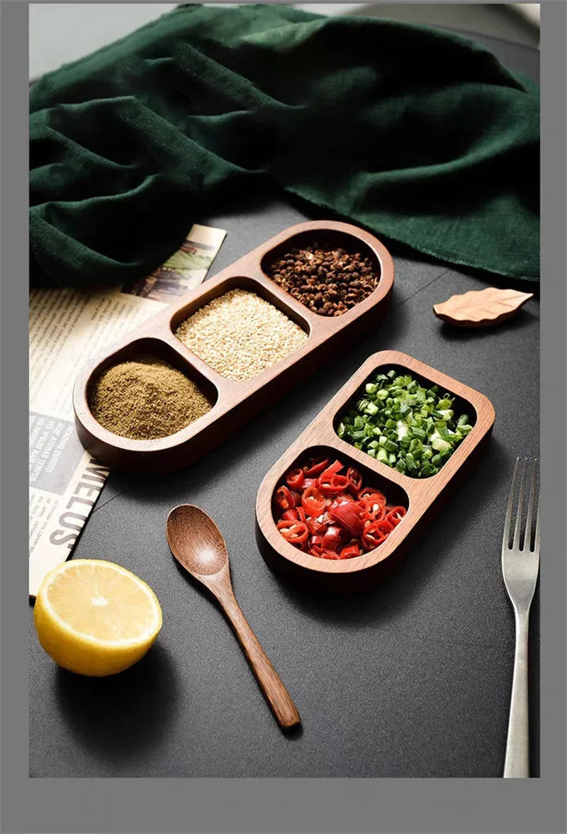 Solid Wood Rectangle Tray 2/3 Grid Condiment Plate Breakfast Sushi Bread Dessert Sauce Plate Kitchen Dinner Seasoning Dish.