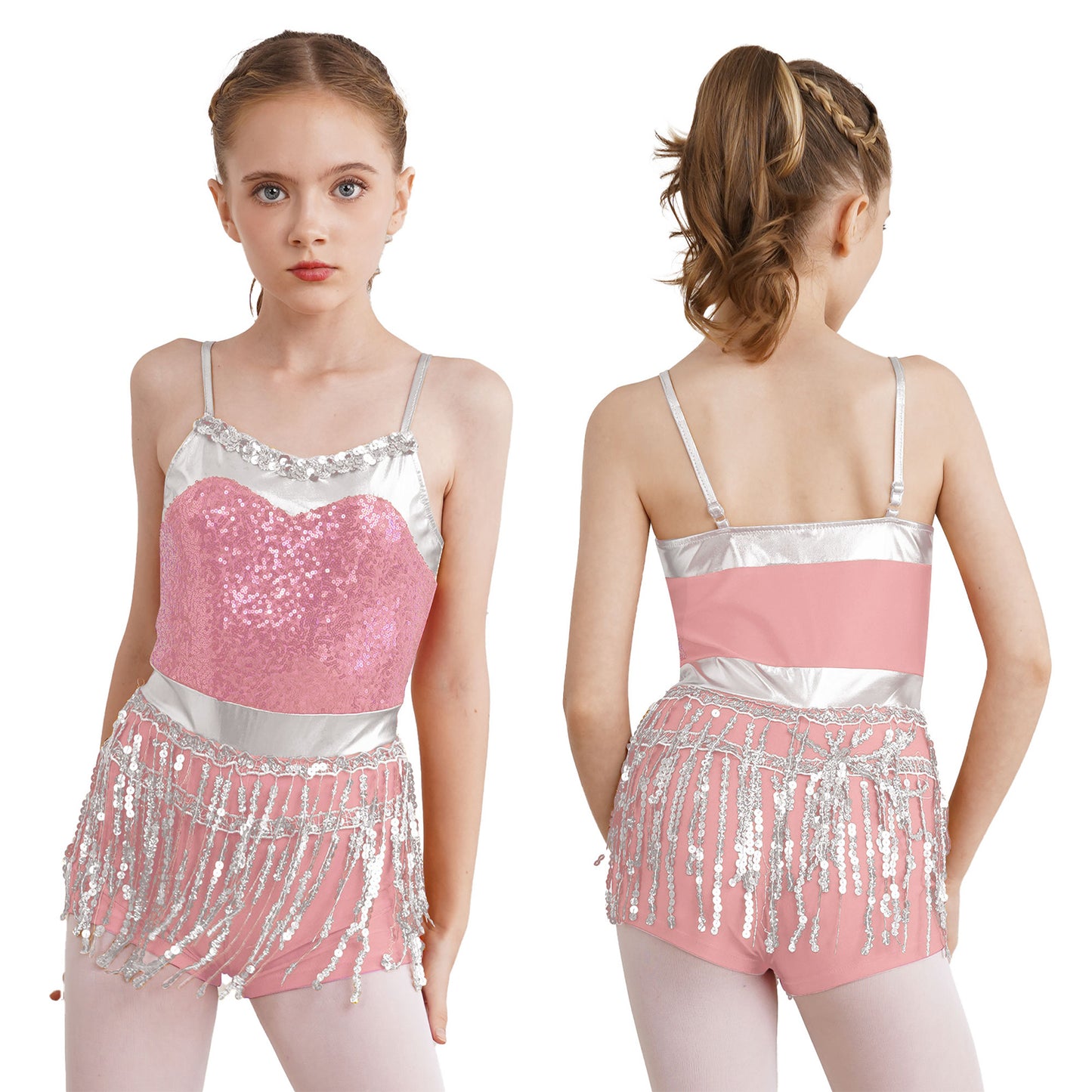 Kinder Mädchen Latin Tanz Kostüm Jazz Samba Cha-Cha Eiskunstlauf Trikot Kleid glänzende Pailletten Quaste Bodysuit für Bühnen performance.