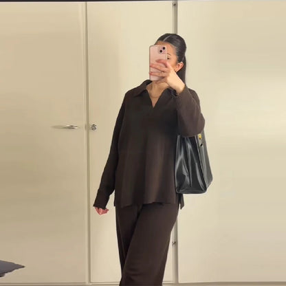 Casual Simple Loose Sweater Trousers Set Solid Color Retro Versatile Comfortable Streetwear Top Pants Commuting Women's Outfit.