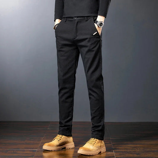 Men's Twill Slim Pants Business Straight Cotton Casual Trousers Brand Fashion Korean Elastic Coffee Black Gray Pant.