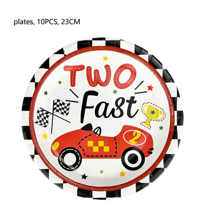 Rennwagen-Thema, zwei schnelle Jungen, Partydekorationen zum 2. Geburtstag für Rennwagen, karierte Flaggen, Rennrad, Einweggeschirr