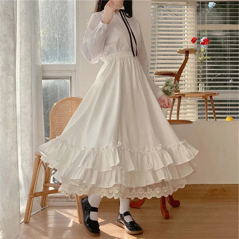 Fashion Sweet Midi Skirt Women Lace Patchwork Bow Preppy Fall Loose Casual Skirts Japanses Ruffle High Waist Solid Chic Skirt.