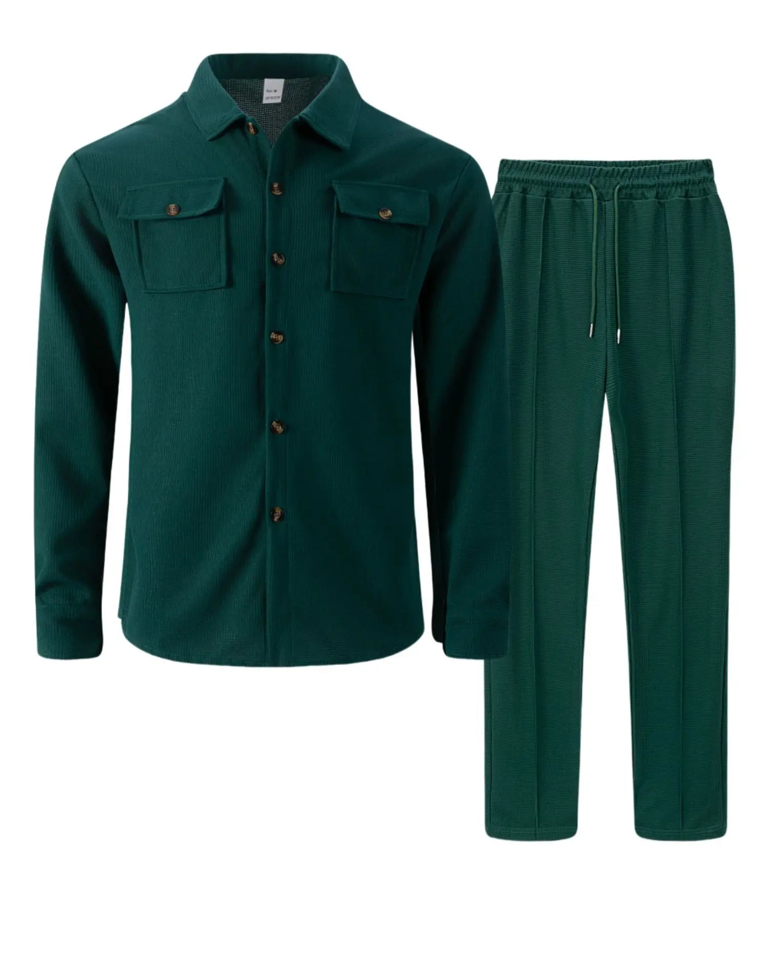 2025 Men's Autumn Casual Street Sport Two-Piece Fashion Solid Color Double-Pocket Collar Buttoned Long-Sleeved Shirt + Pants Set.