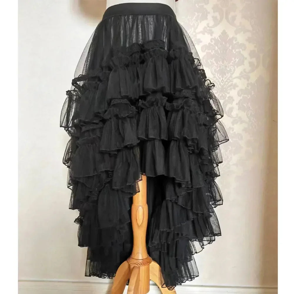 Gothic Lolita Layered Underskirt Sweet Princess Mesh High Low Ruffled Skirt for Women.