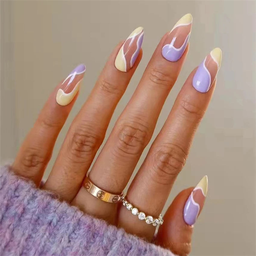 24Ps/Set White Ripple Glitter Chip Design Wearing False Nail French Full Cover Acrylic Press on Nail Almond Shape Fake Nail Tips.