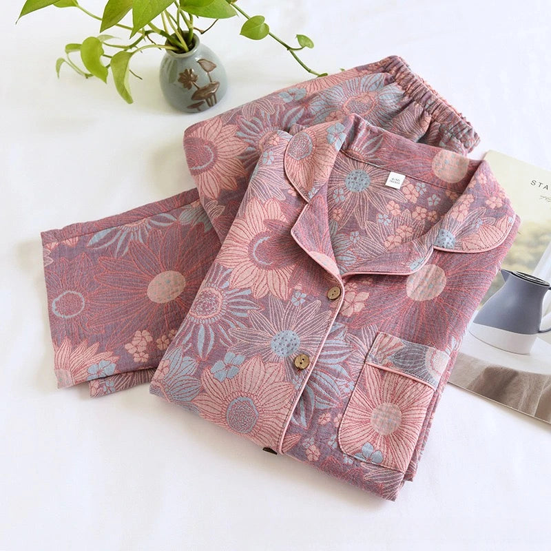 100% Cotton Crepe Homeclothes 2023 Autumn/Winter Women's Pajamas Suit Long-Sleeved Trousers 2-piece Yarn-Dyed Jacquard Pajamas