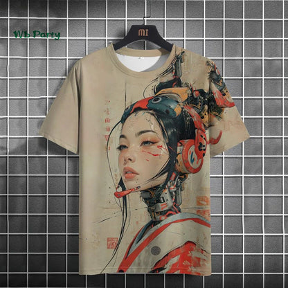Japanese Men's T-Shirt 3D Cyber Mechanical Pattern Short Sleeve T-Shirt Oversized Harajuku Top Summer Men's Street Casual Tshirt.