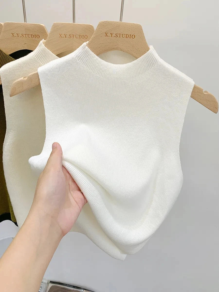 Frühling Herbst Temperament Gestrickte Pullover Weste frauen Hälfte-rollkragen Leibchen Cropped Top Ärmelloses Tank Top.