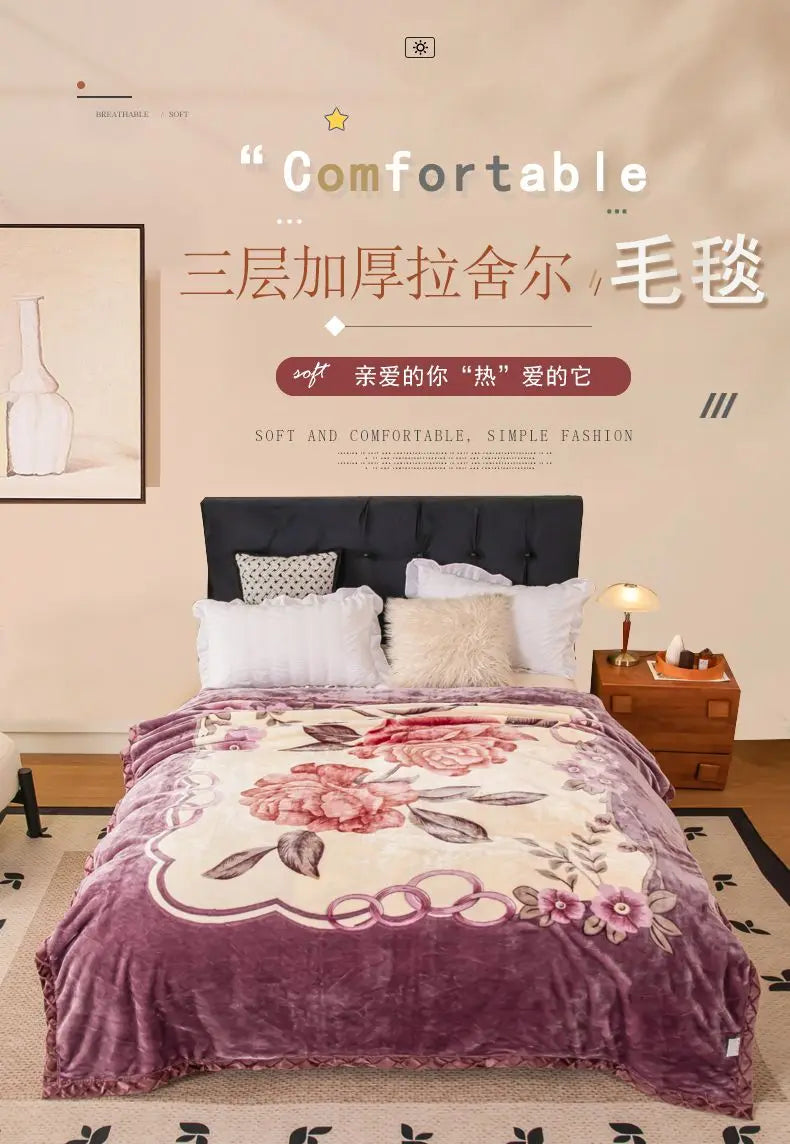 Nordic Style Geometric Printed Blanket Two Person Winter Thickened Quilt Coral Fleece Material Easy To Maintain Plush Bed Sheets.
