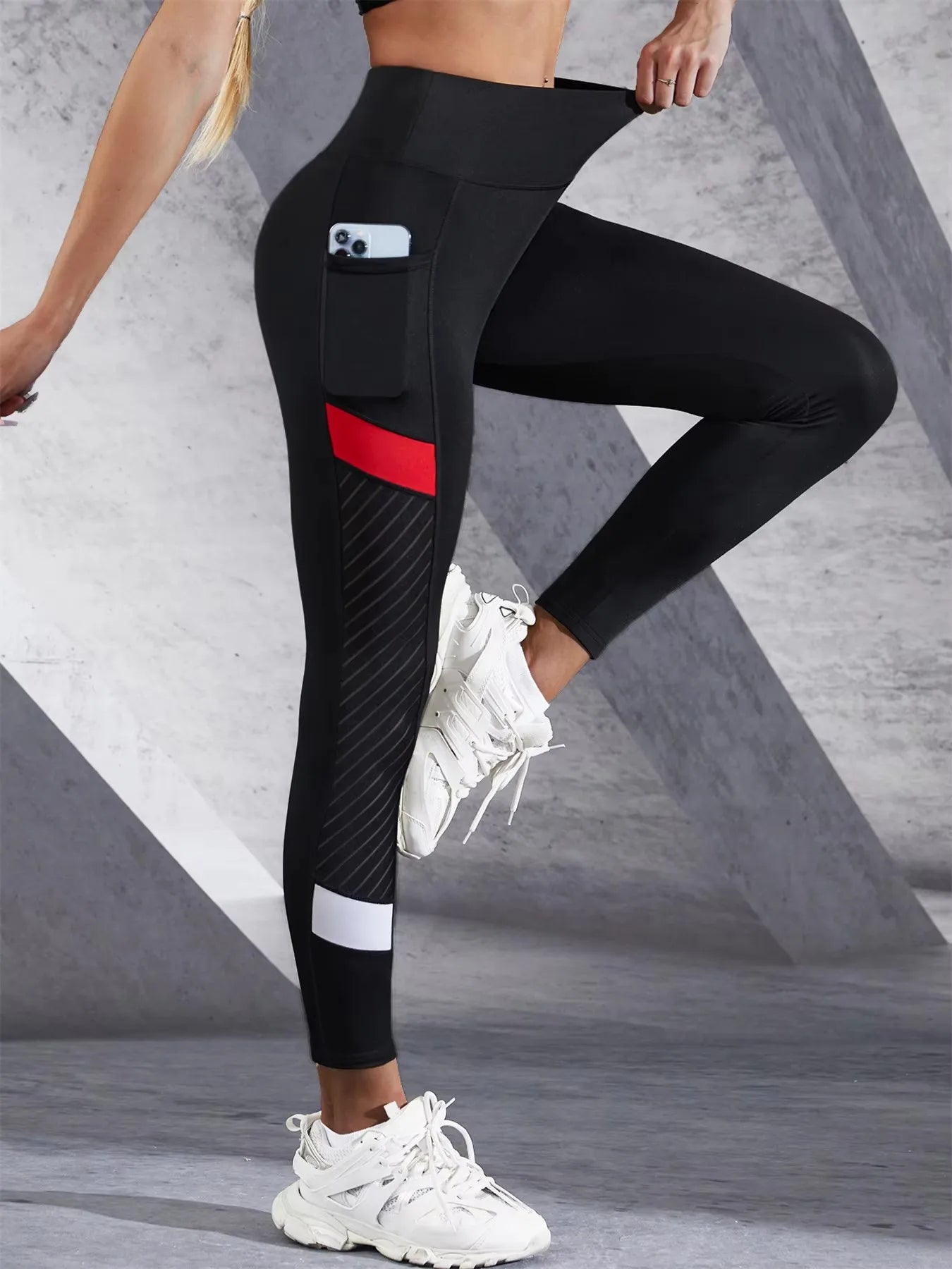 Colorblocked Mesh High Waist Yoga Pants with Side Pockets Leggings for Women Tummy Control Workout Shaping Leggings.