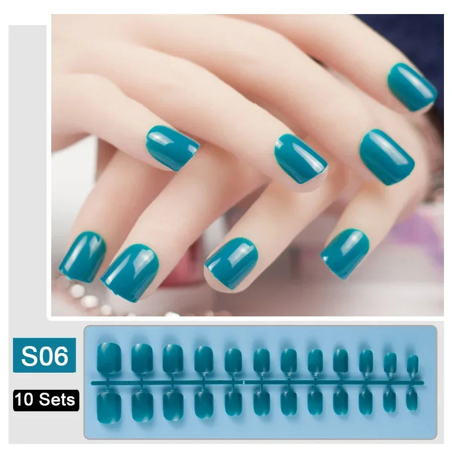10 Sets/Pack Mixed Solid Colors Coffin Round Square Almond Shape False Nails Full Cover Nail Tips Short Fake Nails Tip Manicure.