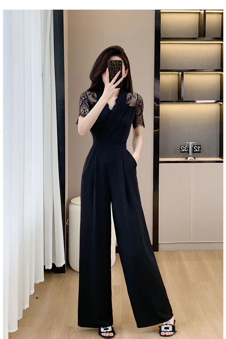 V-neck Solid Office Jumpsuit Women Elegant High Waist Wide Leg Pants Overall 2025 Fashion Slim Hollow Solid Color Romper.