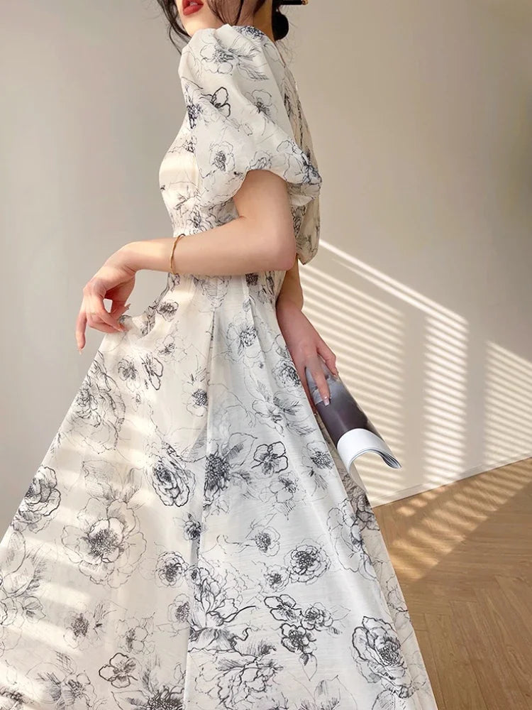 Büro Dame elegante Blumen Midi Kleid formelle einteilige Kleid koreanische Party Strand Langarm Freizeit kleid Frau 2024 Sommer Chic.