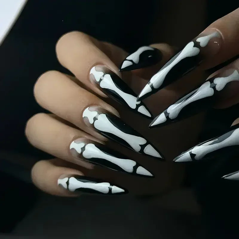10pcs Halloween Goth Bone Press On Nail-Glossy Long Almond Shape False Nail Sweet and Cool Full Cover Design for Women and Girls.