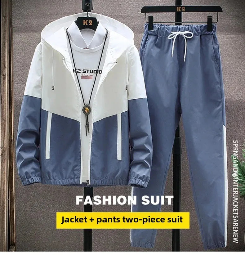 New Men's Sportswear Set Casual Loose Fit Sweatpants with Drawstring Two-Piece Korean Style Autumn Collection.