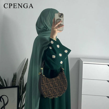 2024 Daisy Embroidery Muslim Modest Dress for Women Eid Saudi Arabia Dubai Abaya Luxury Islam Turkey Holiday Party Jalabiya Robe.