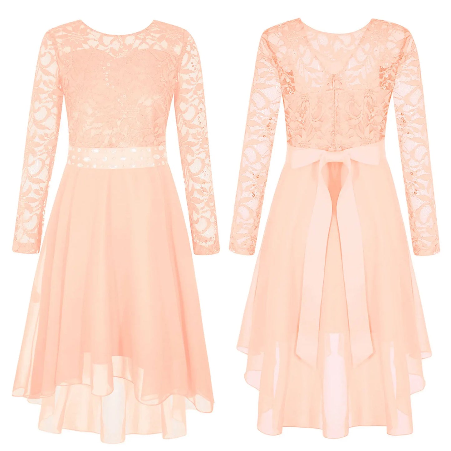 Elegantes Spitzen-Partykleid für Kinder, Mädchen, Chiffon, Spleißen, langärmelig, Kleid mit hohem und niedrigem Saum und Strass-Schärpe für Hochzeit, Geburtstag