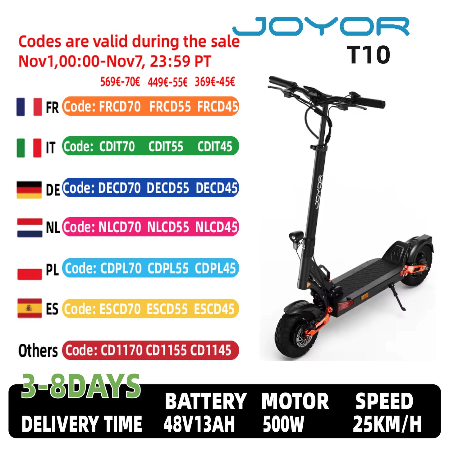 JOYOR T10 Adult Off-Road Electric Scooter 1000W*2 Motor 60V18AH Battery Escooter 10" Off-Road Tire Foldable E-Scooter.
