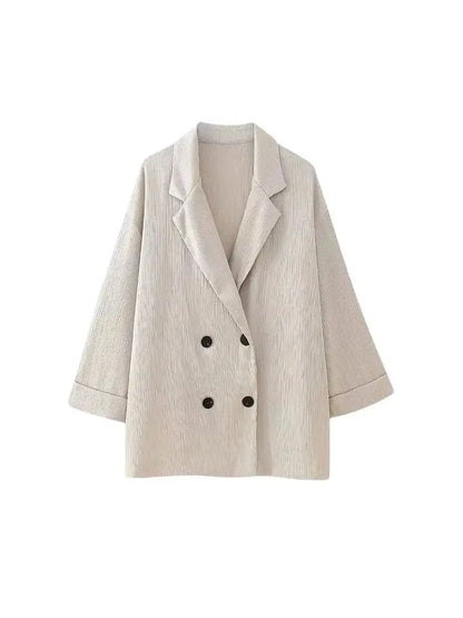 Women's Double-Breasted Loose Blazer Coat and High Elastic Waist Wide Leg Pants, Female Two Piece Sets, Fashion.