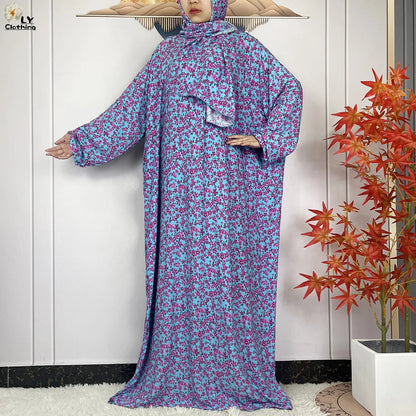 New Muslim Long Sleeved Cotton For Women Ramadan Prayer Turkey Middle East Femme Robe Floral Loose African Abaya Dress Scarfs