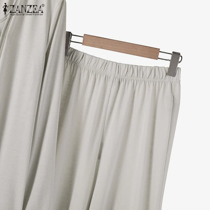 Women Autumn Tracksuits 3pcs Pant Sets ZANZEA Fashion Casual 3-Pieces Sets Solid Tank Tops and Cardigans Wide Leg Trousers Suit.