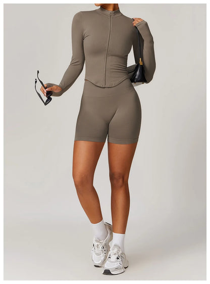 Ctenkevet Women Slim High Neck Jacket Sports Suit Female Two Piece Yoga Clothes Sport Outfit For Woman Buttock Lift Sports Suit.