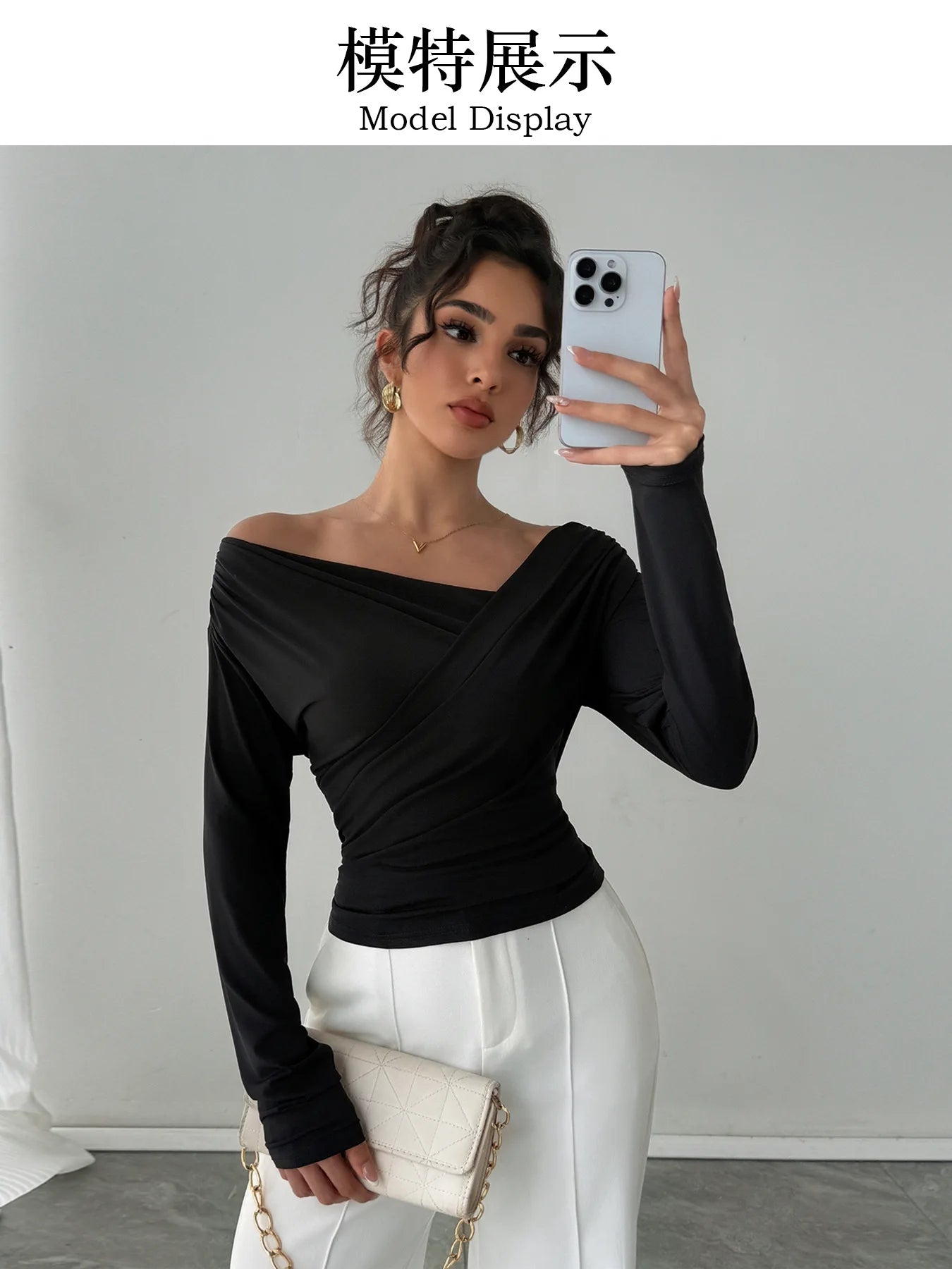 2025 Autumn Winter 2025 Solid-color Fashion Tops for Women Long Sleeve Blouses One-shoulder Collar Slimming Shirts Office Lady.