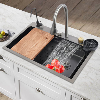 75 cm große Küchenspüle aus Edelstahl, Haushaltsspülbecken-Set mit großem Fassungsvermögen und mehreren Zubehörteilen, 3 Wasserausgangsmodi