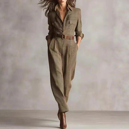 Elegant Button Lapel Shirt Jumpsuits Woman Vintage Plaid Print Pocket Slim Overalls Autumn Long Sleeve Female Clothing Bodysuits.