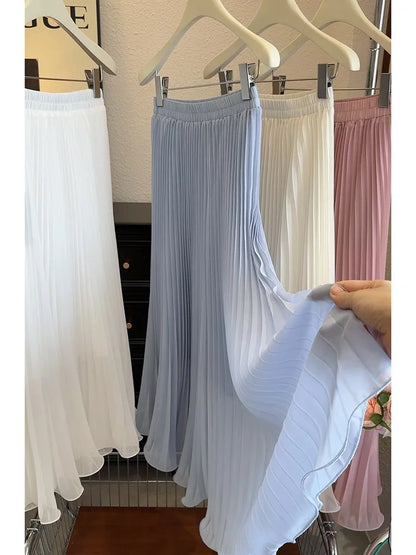 Women's Summer Elegant Pleated Elastic Waist Chiffon Long Skirt Lady High Waist A Line Streetwear Solid Color Skirt.