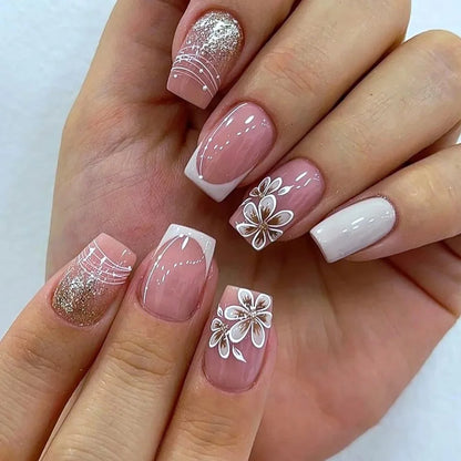 24pcs 3D Flower Press on Nails French Square False Nails Wearable Stick-on Nail Fake Nails Uñas Postizas Накладные Ногти 네일팁