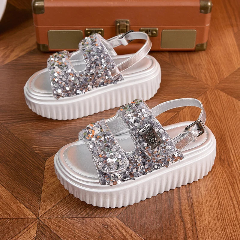 AUTUSPIN 6cm Women Flat Sandals Fashion Platform Ladies Shoes Bling Bling Sequined Cloth Female High Heels Chunky Rome Sandalias.
