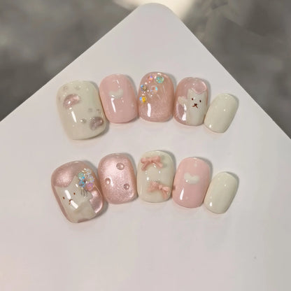 10pcs/set Handmade Press-On Nails - Blue Glossy Fish & Bubbles Design Short Oval Fake Nails with Cat Eye Effect False Nails