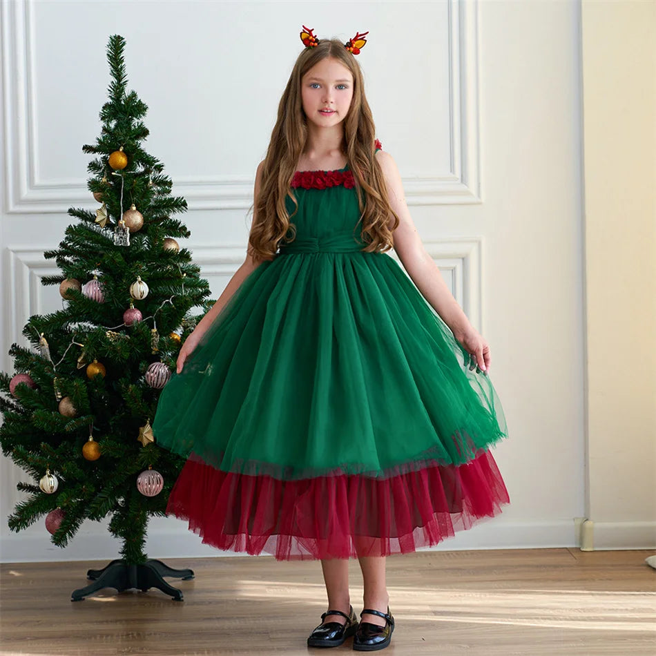 Mädchen Rot Grün Weihnachten Ballkleid Kinder Hochzeit Ball Party Abendkleid Prinzessin Vestido Kinder Karneval Leistung Kleidung.