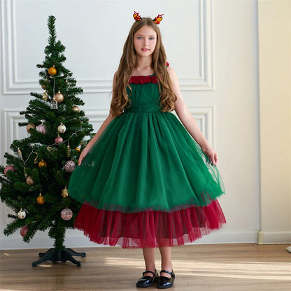 Mädchen Rot Grün Weihnachten Ballkleid Kinder Hochzeit Ball Party Abendkleid Prinzessin Vestido Kinder Karneval Leistung Kleidung.