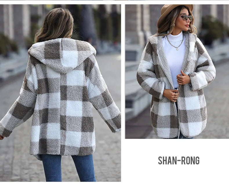 2025 herbst Winter Frauen Plüsch Mit Kapuze Jacke Weibliche Elegante Dicke Lose Plaid Print Mantel Damen Casual Zwei-seitige warme Lange Mantel.