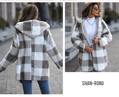 2025 herbst Winter Frauen Plüsch Mit Kapuze Jacke Weibliche Elegante Dicke Lose Plaid Print Mantel Damen Casual Zwei-seitige warme Lange Mantel.