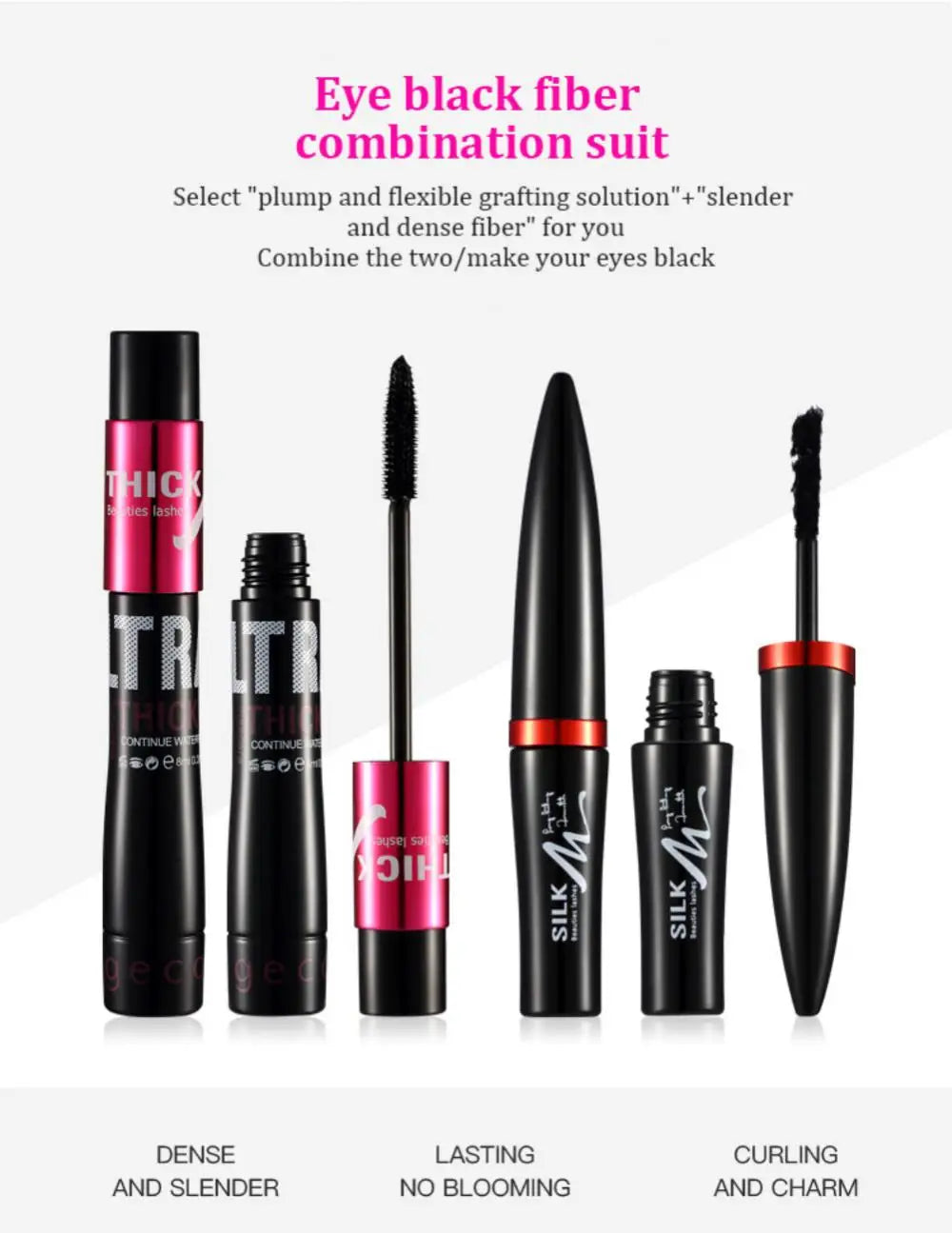 Fiber Silk Mascara Set Double Tube Natural Waterproof Dense Long Lasting No Halo Dye Mascara Beauty Makeup Extension Cream.