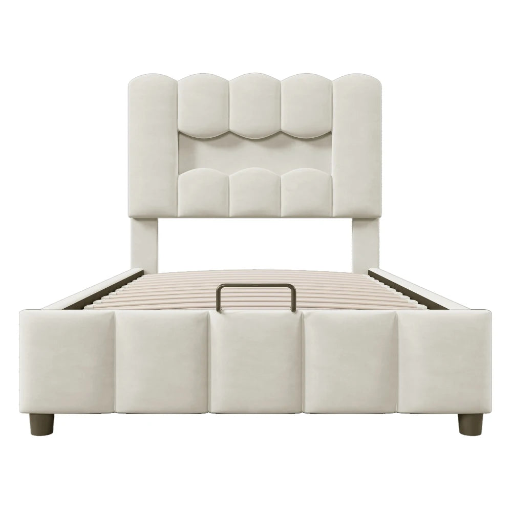 Modernes Polsterbett, 90 x 200 cm, ohne Matratze, LED-Beleuchtung, mit hydraulischem Gerät, verstellbarer Kopfteil, Samt, Grau