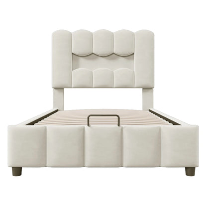 Modernes Polsterbett, 90 x 200 cm, ohne Matratze, LED-Beleuchtung, mit hydraulischem Gerät, verstellbarer Kopfteil, Samt, Grau