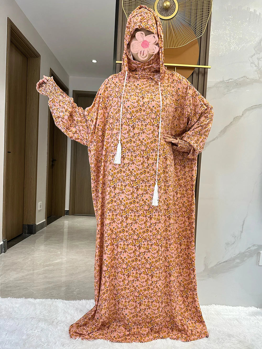 New Ramadan Muslim Two Hats Abaya Dubai Turkey Islam Prayer Clothes Floral Cotton Long Dress Islam Women Dress Kaftan.