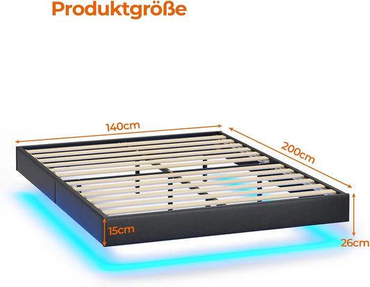 Bett 140x200 mit verstellbarer Beleuchtung, Bettgestell 140x200 mit weicher Polsterung, schwebender Bettrahmen, gepolsterte Jugendbe