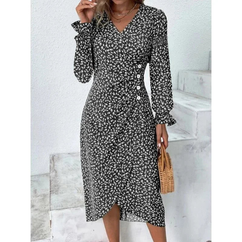 Elegante Blumen Plissee H-förmigen Midi Kleid Weibliche V-ausschnitt Puff Sleeve Taille Geraffte Taste Kleider Frauen Sommer Kleid Robe