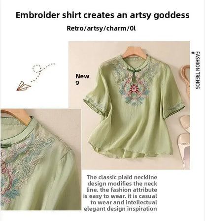 Retro Chinesischen Stil Lose Fit Baumwolle Leinen Kurzarm Shirt frauen Sommer Schwere Stickerei Abnehmen Top Flagge Kleid.