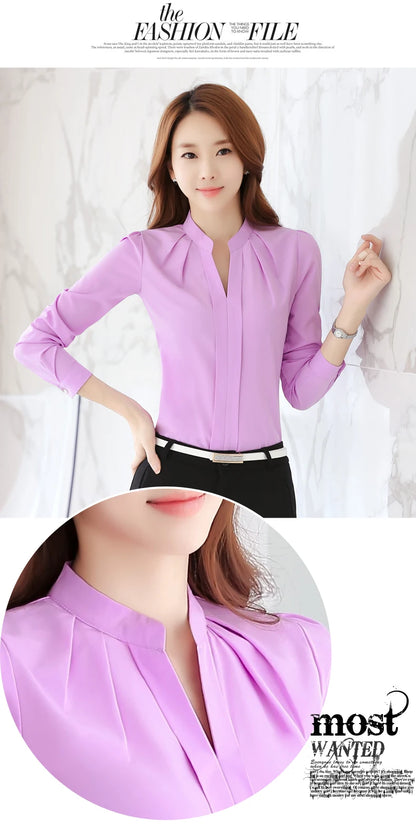 Chiffon Blouse Women Korean Fashion Women Clothing White Shirt  Long Sleeve Blouses V-neck Womens Tops Basic Shirts and Blouses