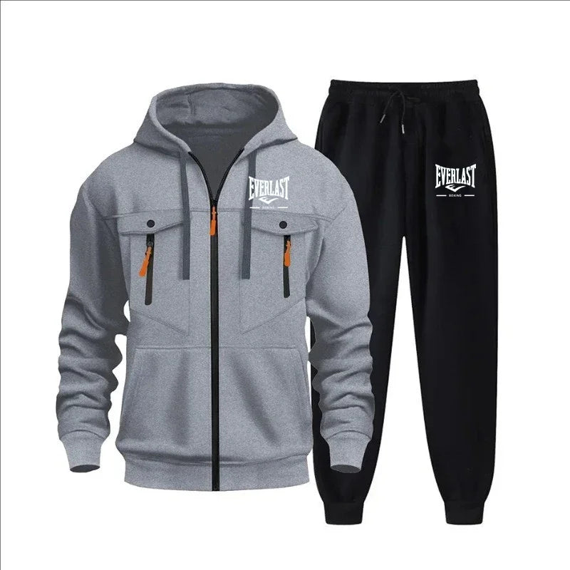 Autumn and winter new men's sweatshirt sport set, fashionable windproof and warm men's zipper hoodie and pants 2-piece set.