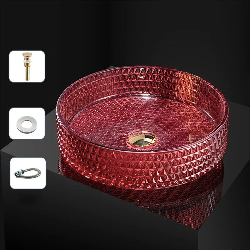 Luxuriöses Waschbecken aus Kristallglas, Badezimmer-Waschbecken, rosa Arbeitsplatte, Kunstbecken, rundes Mini-Schüsselbecken, Waschraum-Waschbecken mit Wasserhähnen