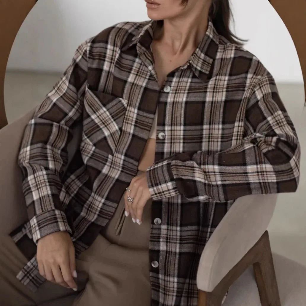 Women's Casual Shirt With Retro Style And Versatile Plaid Long Sleeves For Spring And Autumn 2025 With Pockets.